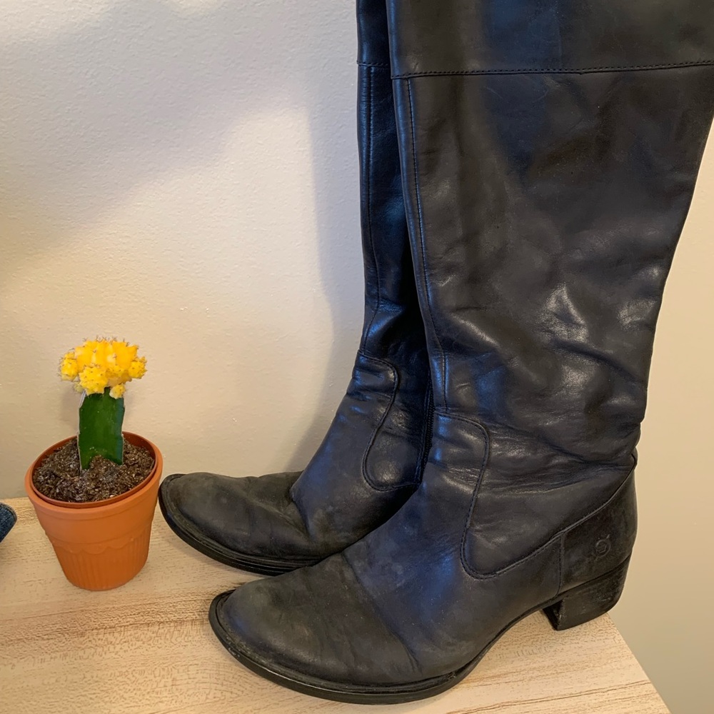 Tall Born Zip Black Leather Boots, Size 7.5